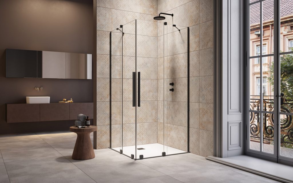 Cabină de Duș pătrată, Black line, pe colț, Ușă Culisantă, Sticlă Securizată, 8 mm, Alice, 900 x 900 mm